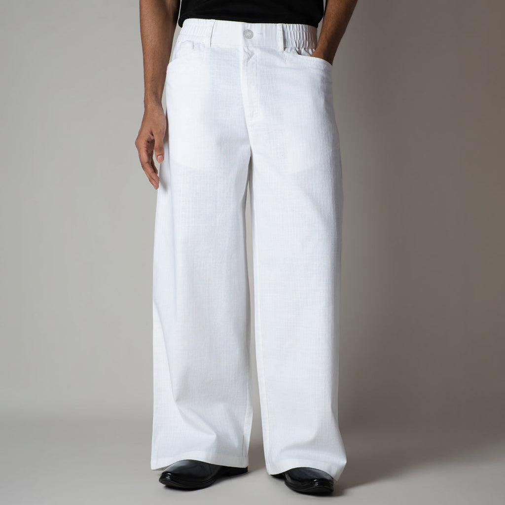 WHITE TEXTURED LINEN TRAVEL PANTS