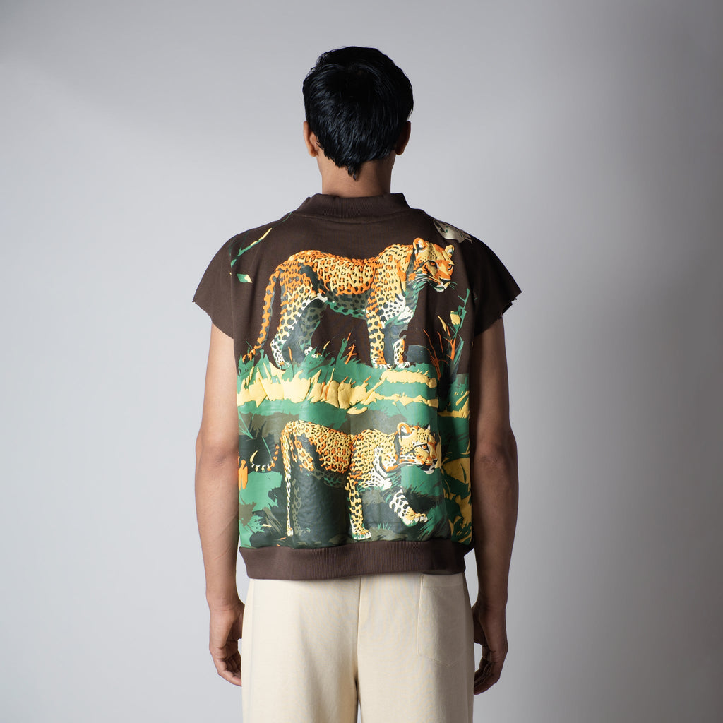 BROWN RAW CUT CHEETA PRINTED SLEEVELESS