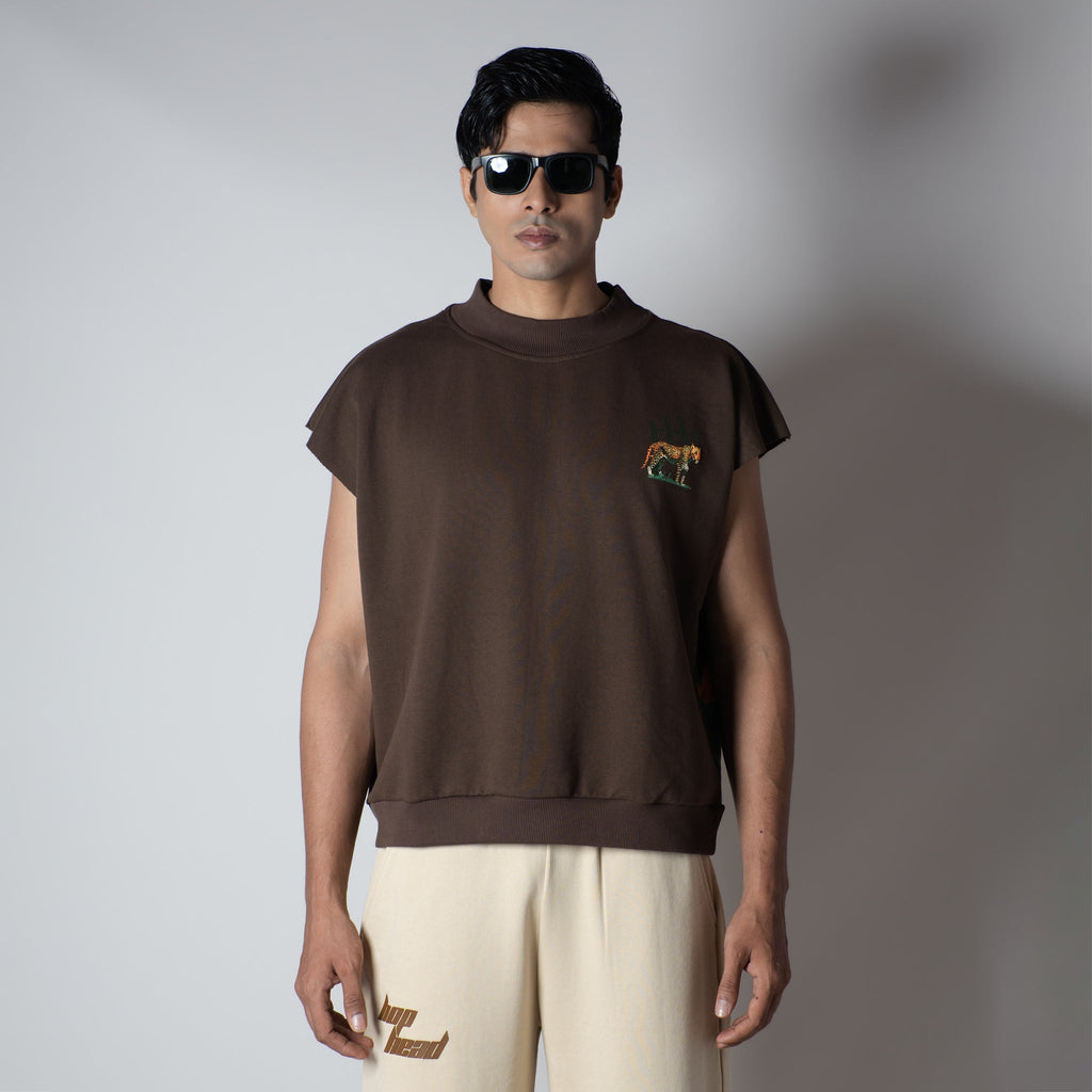BROWN RAW CUT CHEETA PRINTED SLEEVELESS