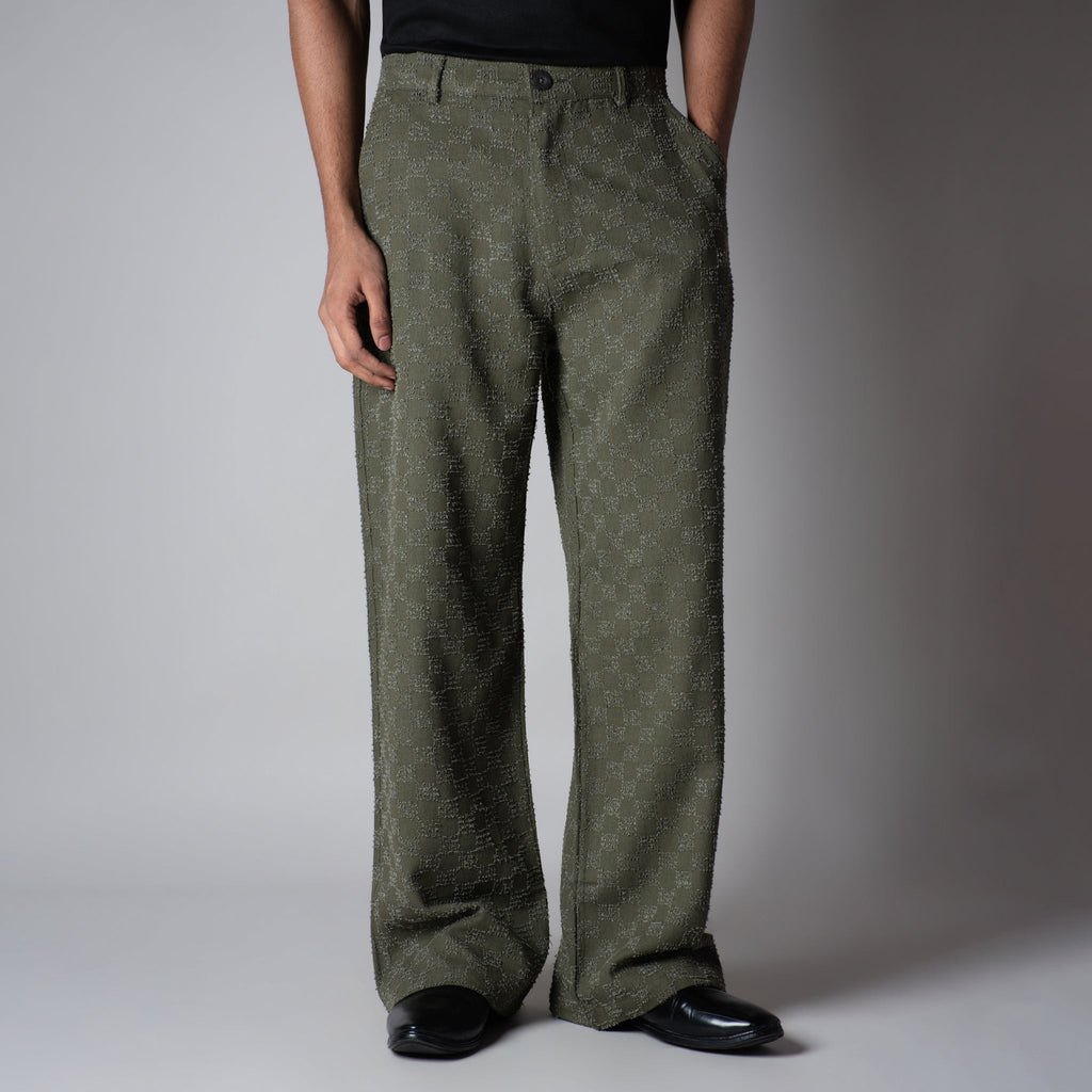 OLIVE CHECKERED ROOFING BOOT CUT DENIM