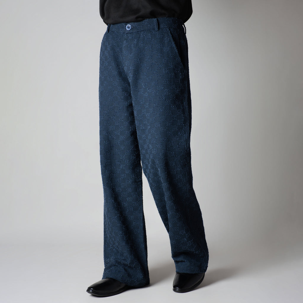 BLUE CHECKERED ROOFING BOOT CUT DENIM