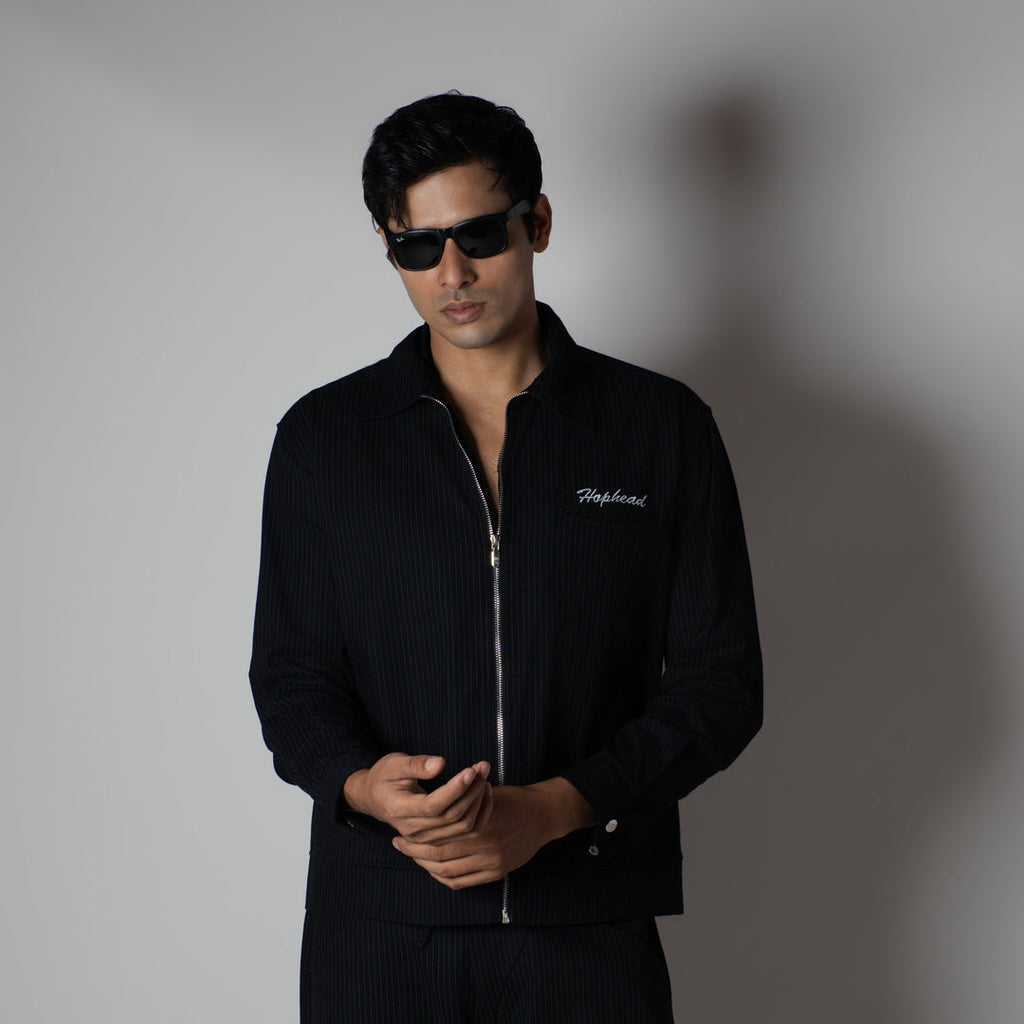 CHARCOAL VERTICAL STRIPED ZIPPER JACKET