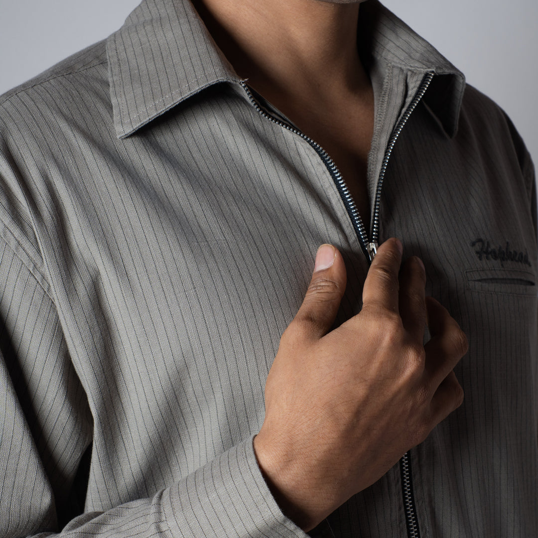 STONE GREY VERTICAL STRIPED ZIPPER JACKET