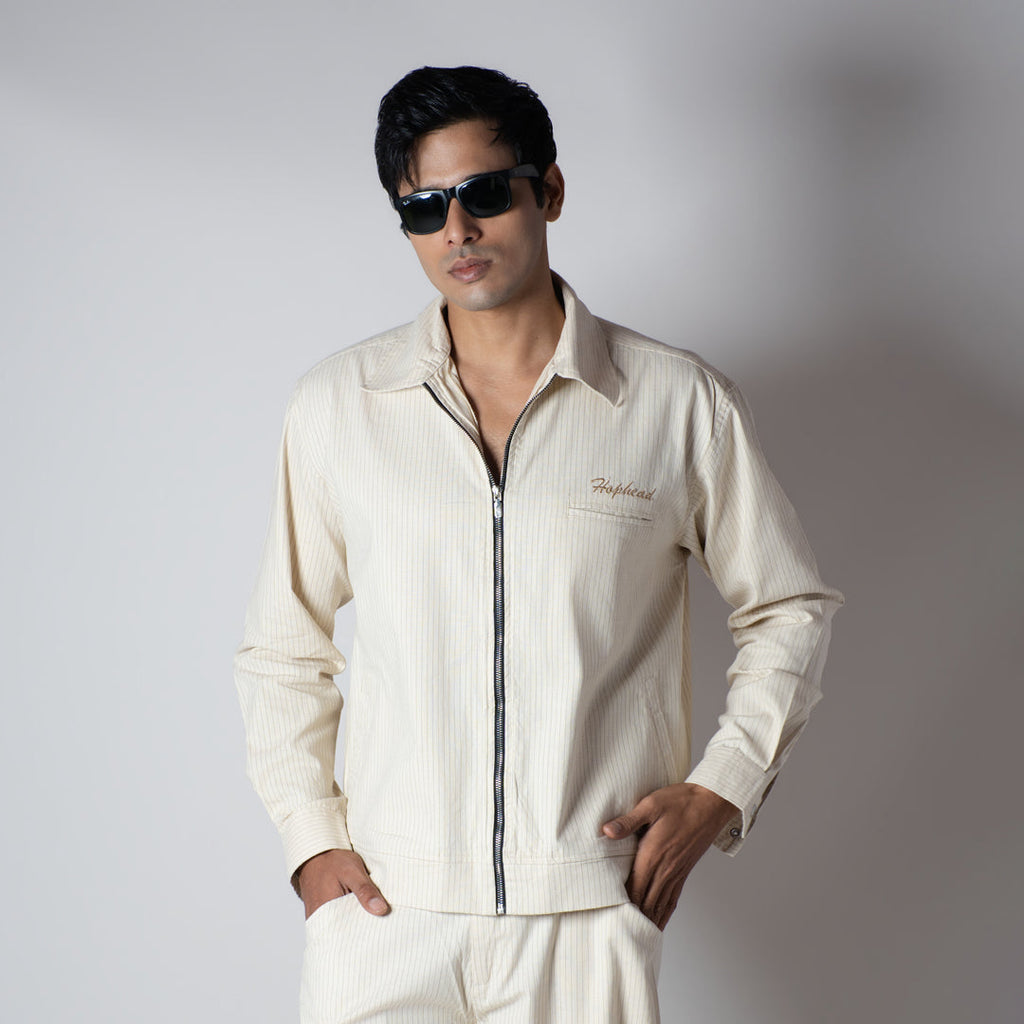 BEIGE VERTICAL STRIPED ZIPPER JACKET