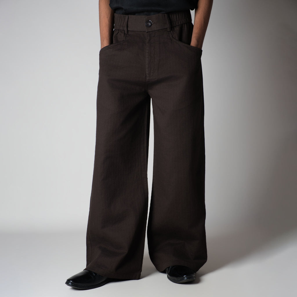 COFFEE BROWN VERTICAL LINE SOFTMOVE LINEN PANTS