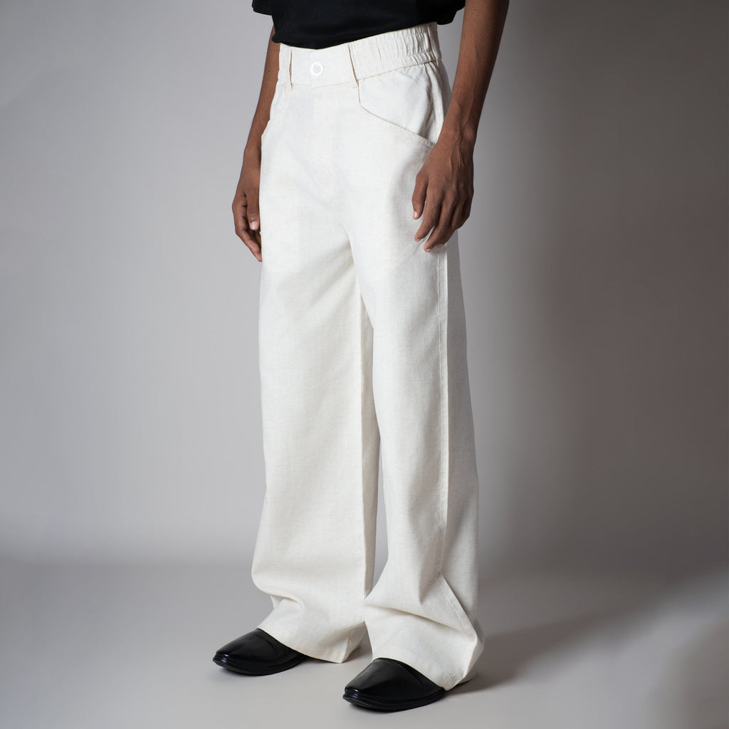 WHITE SOFTMOVE VERTICAL LINE SIGNATURE LINEN PANTS