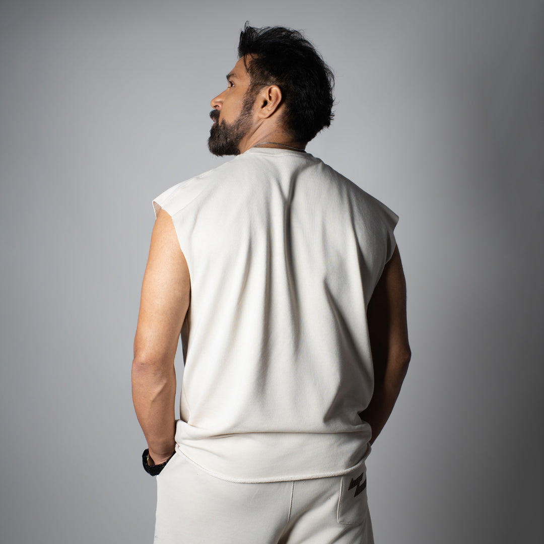 IVORY SLEEVELESS RAW EDGE TSHIRT