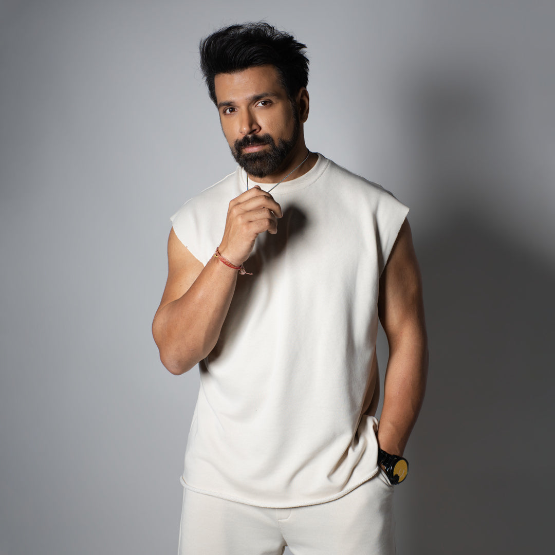 IVORY SLEEVELESS RAW EDGE TSHIRT