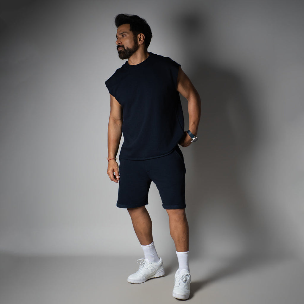 NAVY SLEEVELESS RAW EDGE TSHIRT