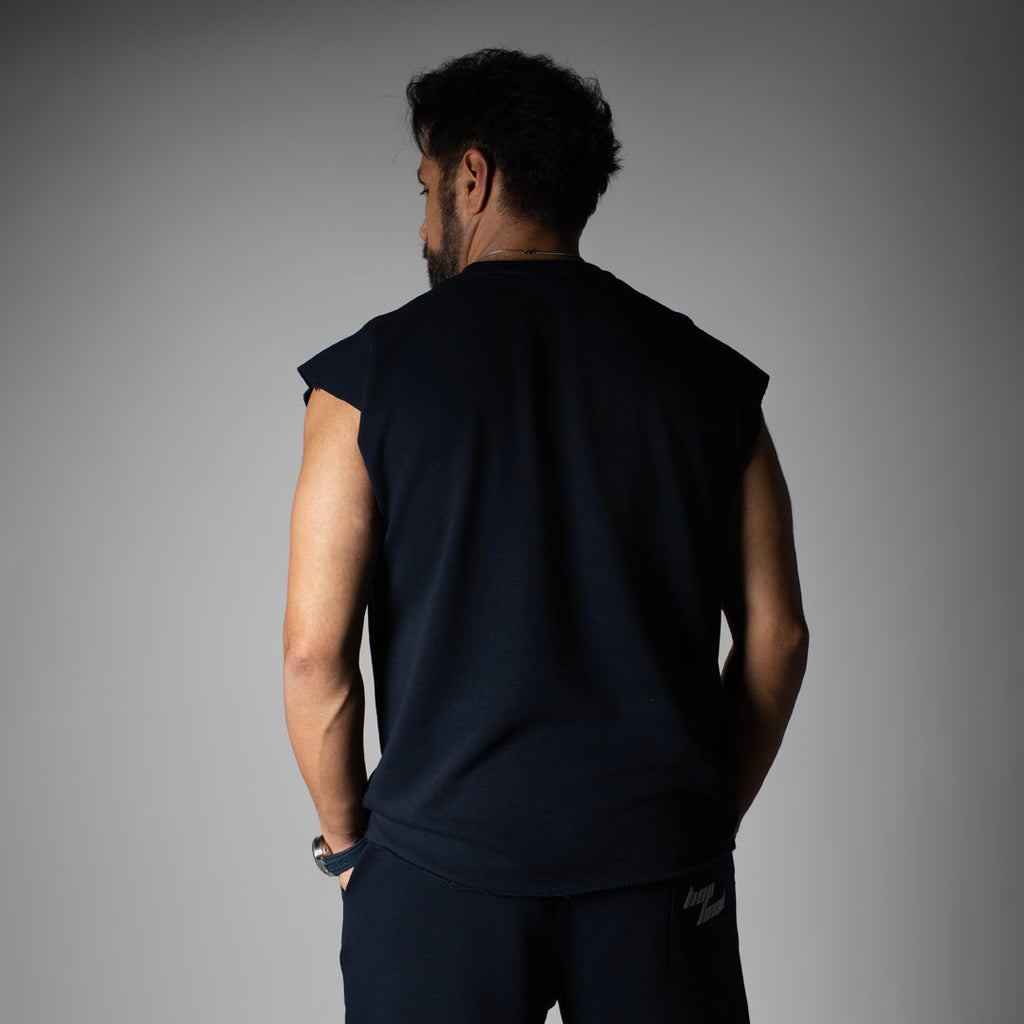 NAVY SLEEVELESS RAW EDGE TSHIRT
