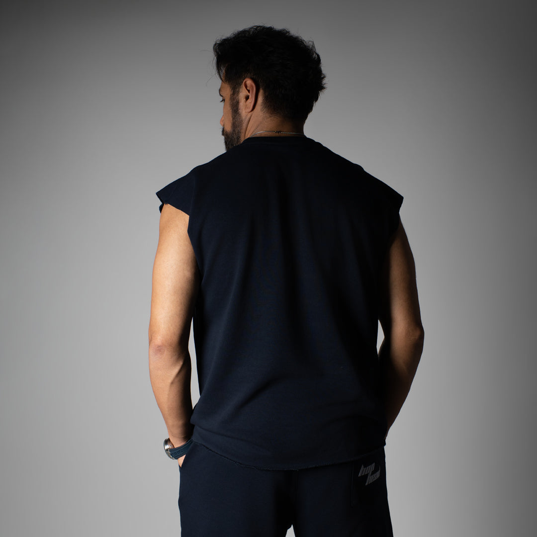 NAVY SLEEVELESS RAW EDGE TSHIRT