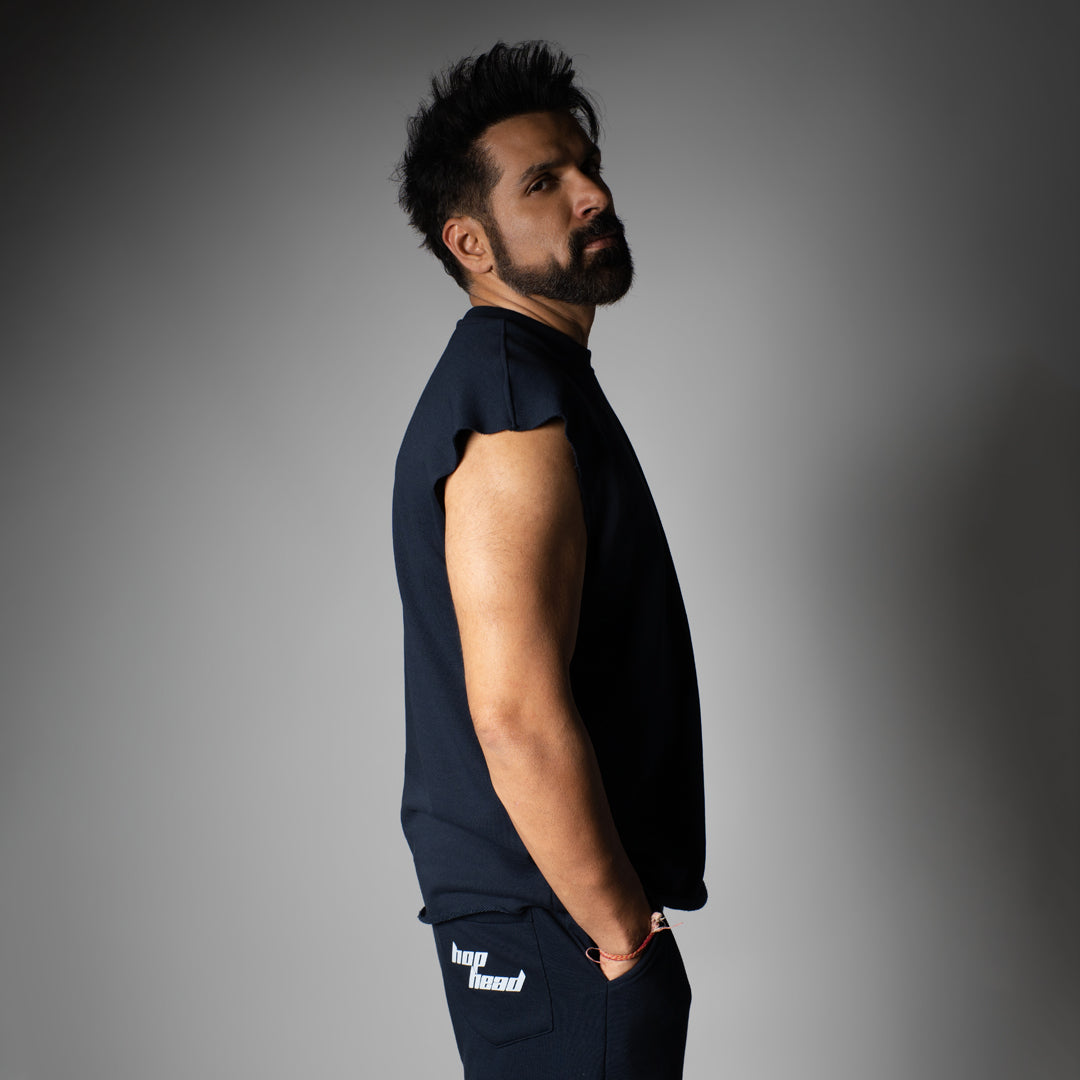 NAVY SLEEVELESS RAW EDGE TSHIRT