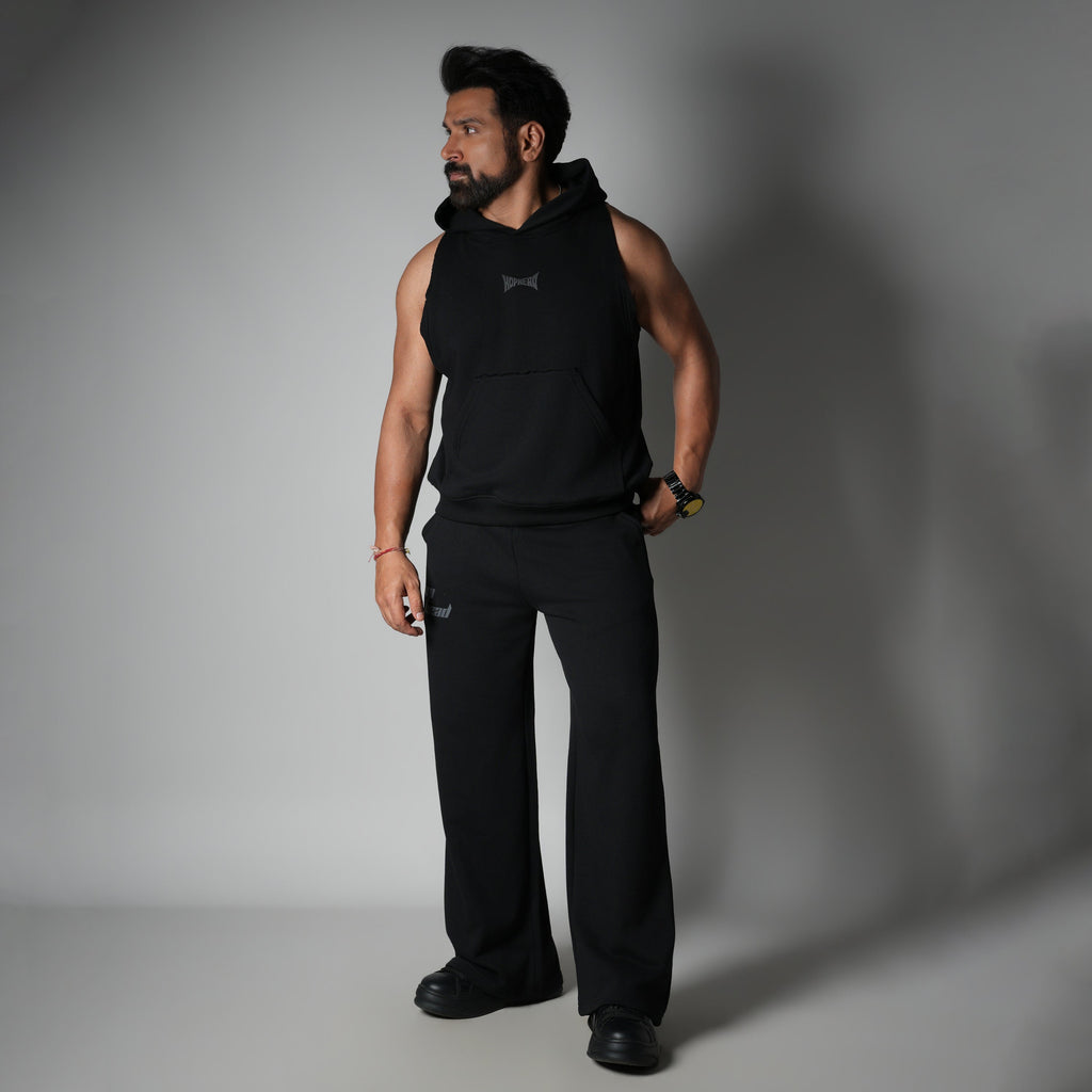 BLACK RAW EDGE SLEEVELESS HOODIE