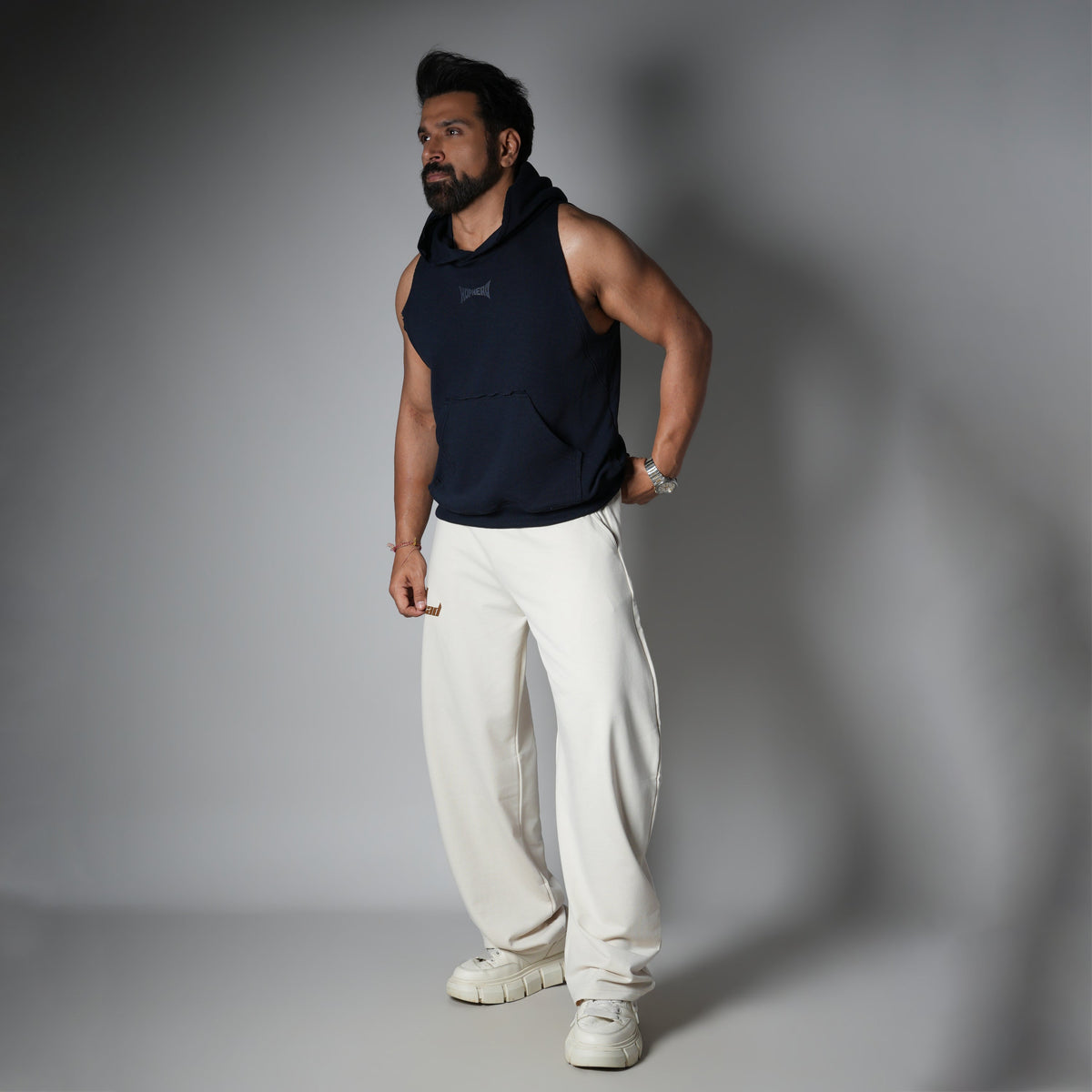 NAVY BLUE RAW EDGE SLEEVELESS HOODIE