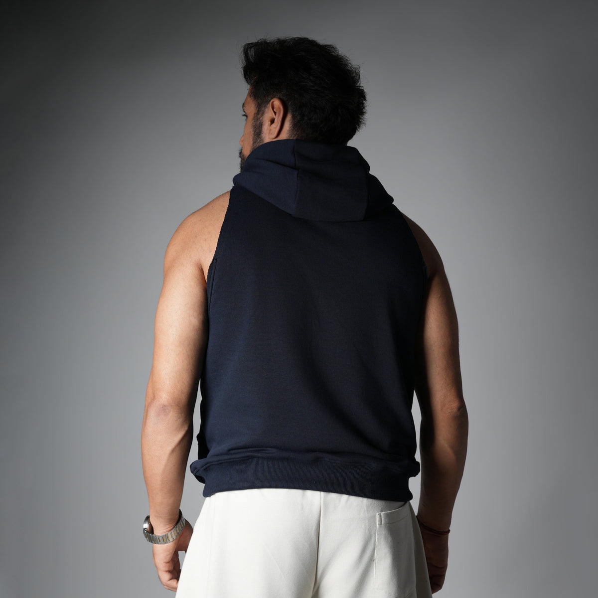 NAVY BLUE RAW EDGE SLEEVELESS HOODIE