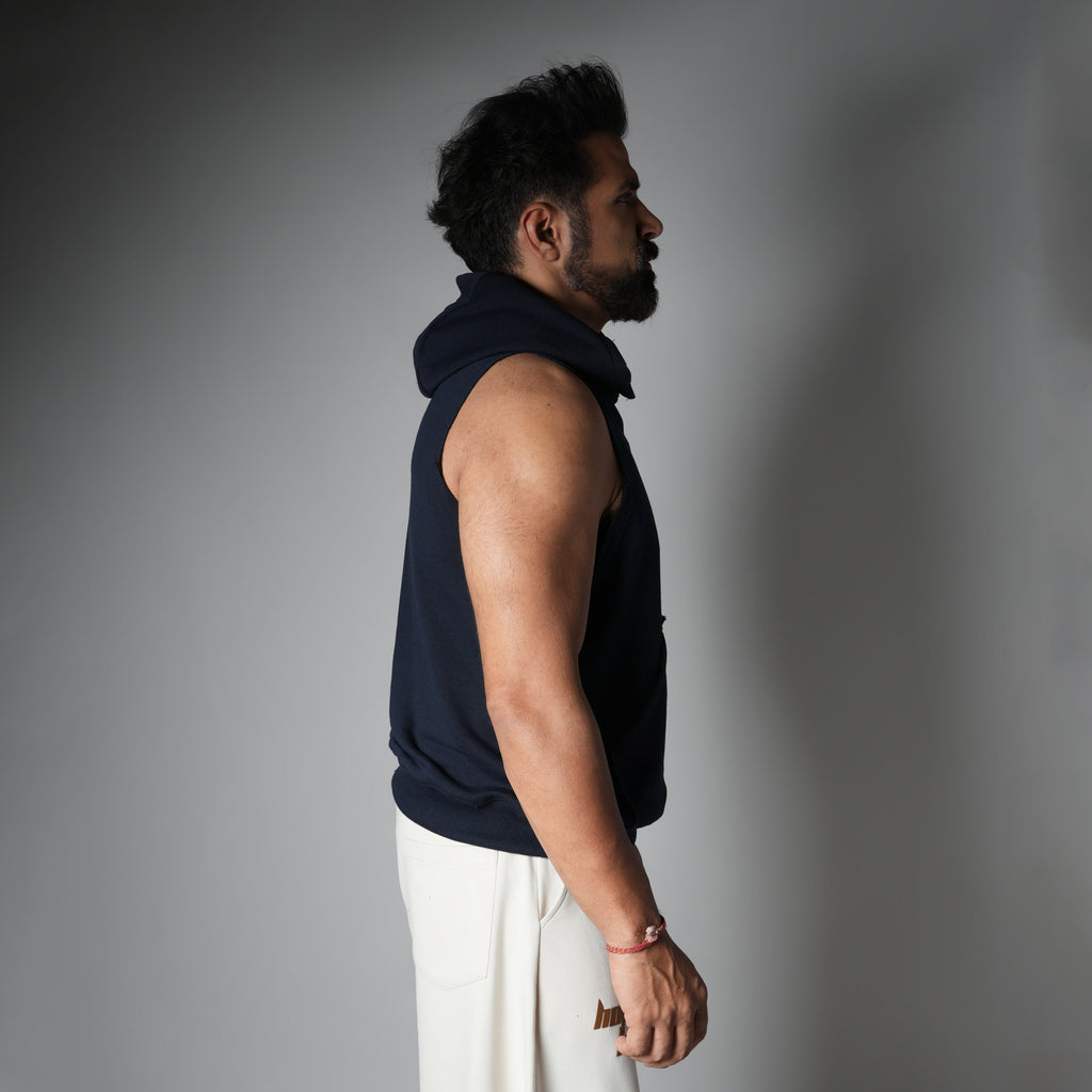 NAVY BLUE RAW EDGE SLEEVELESS HOODIE