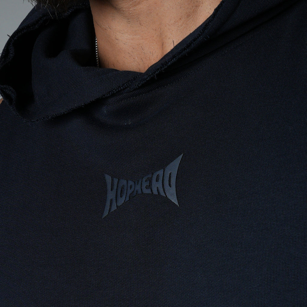NAVY BLUE RAW EDGE SLEEVELESS HOODIE