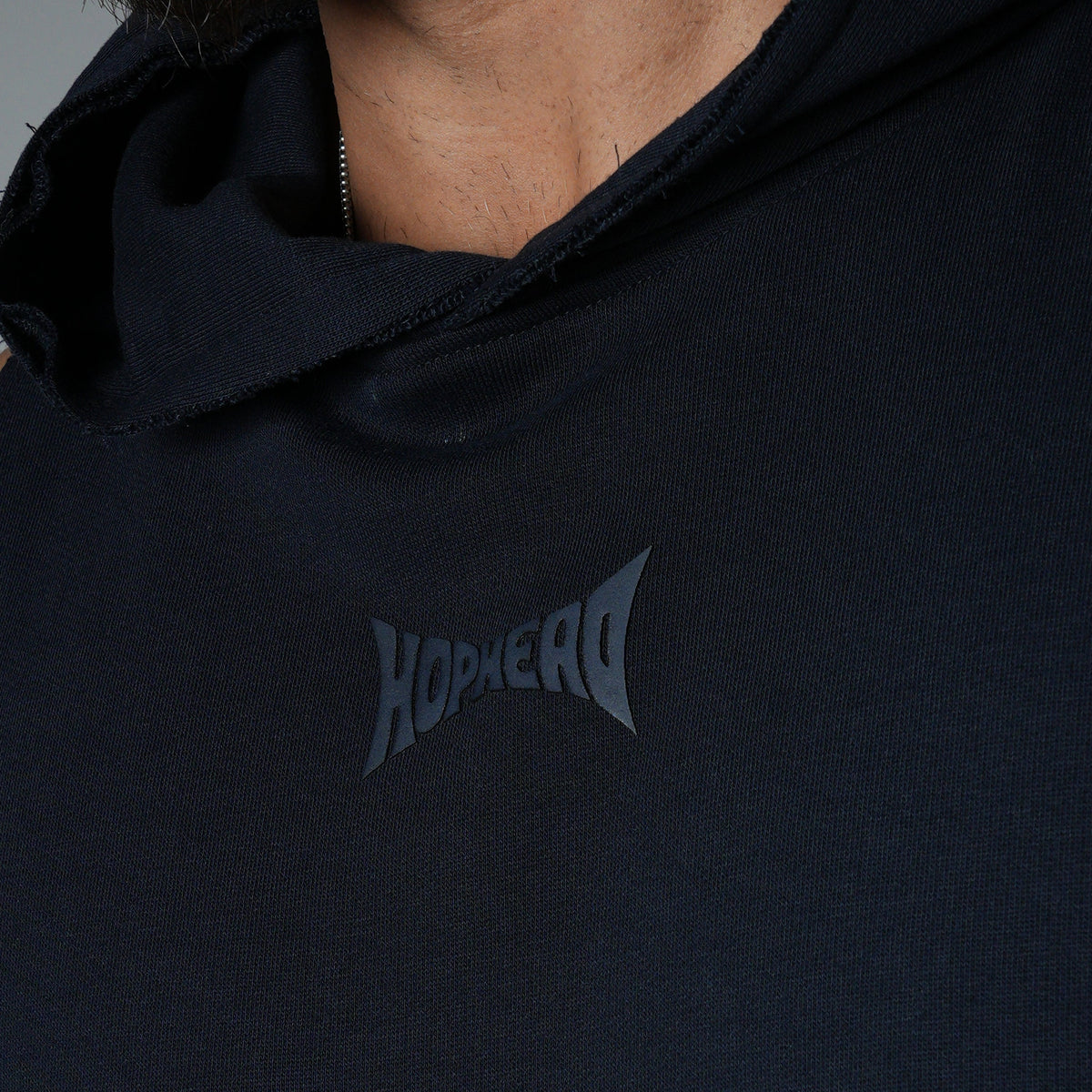 NAVY BLUE RAW EDGE SLEEVELESS HOODIE