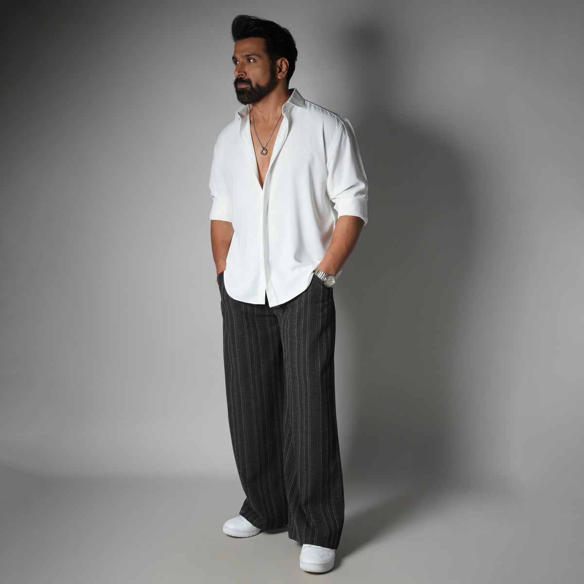 CHARCOAL PINSTRIPE WIDE PANTS