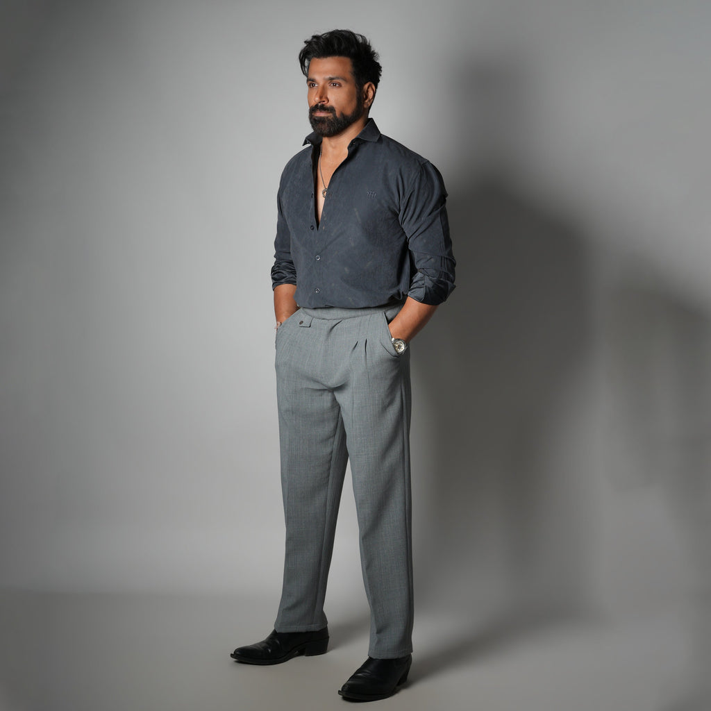 GREY VINTAGE BUCKLE PLEATED TROUSER