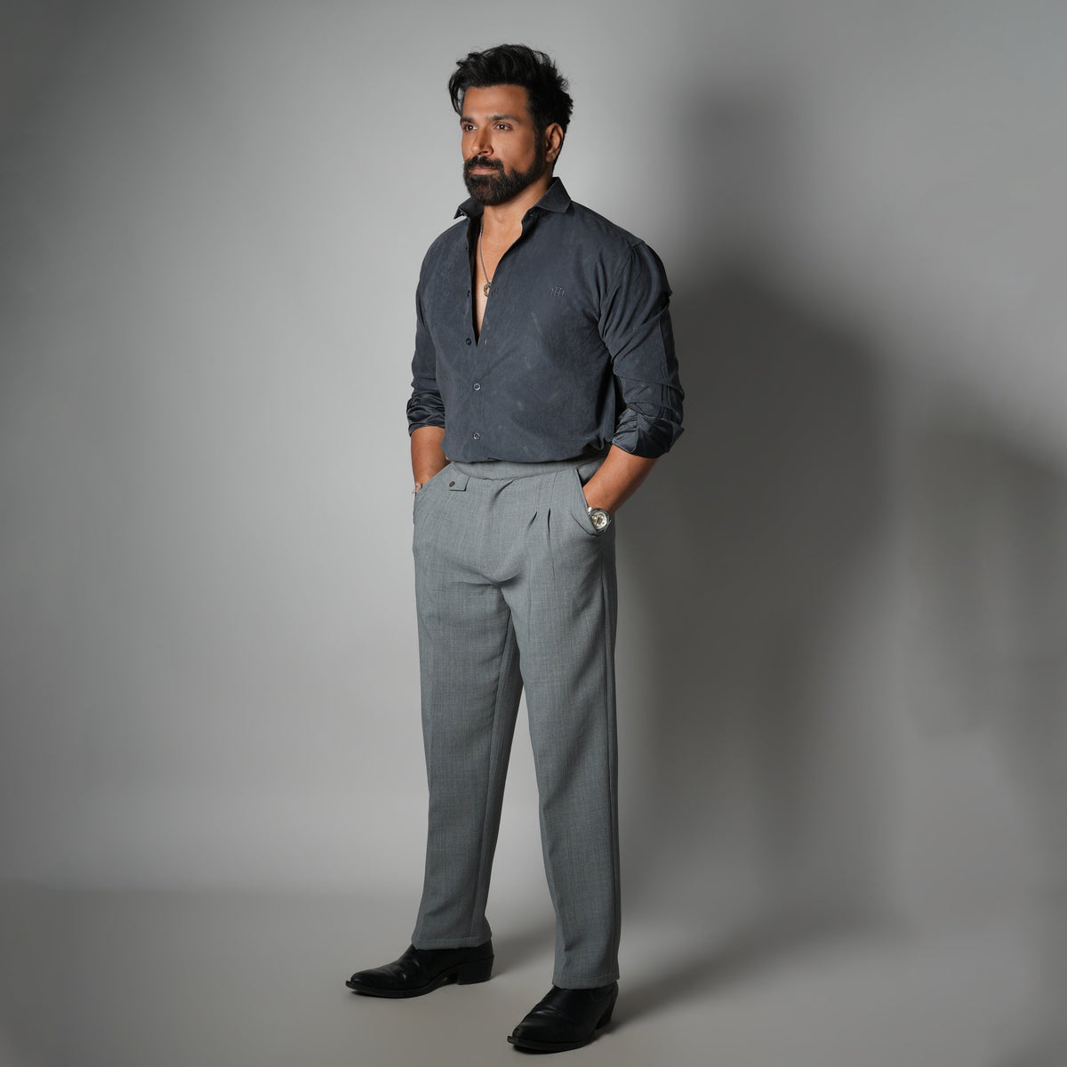 GREY VINTAGE BUCKLE PLEATED TROUSER