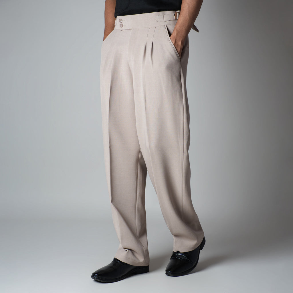 BEIGE DOUBLE PLEAT STRAIGHT FIT TROUSER