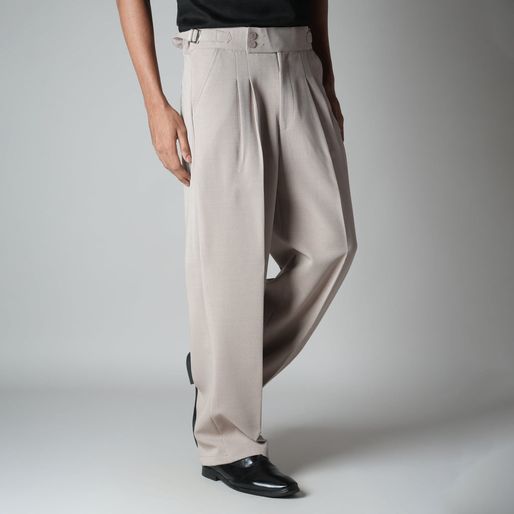 BEIGE DOUBLE PLEAT STRAIGHT FIT TROUSER