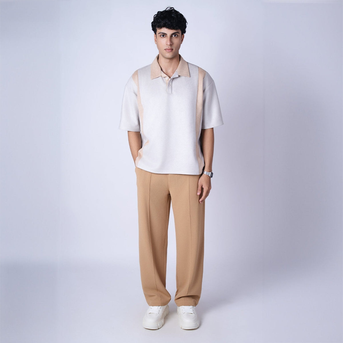 ASH GREY STRIPED SUEDE POLO