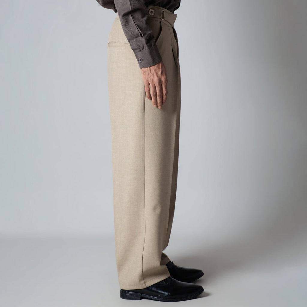BEIGE TEXTURED D-RING ITALIAN STYLE TROUSER