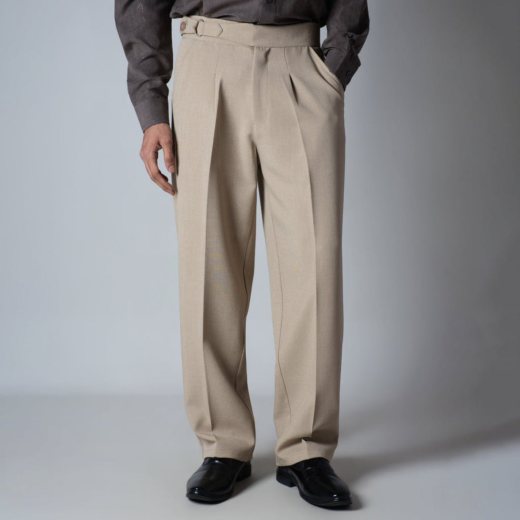 BEIGE TEXTURED D-RING ITALIAN STYLE TROUSER