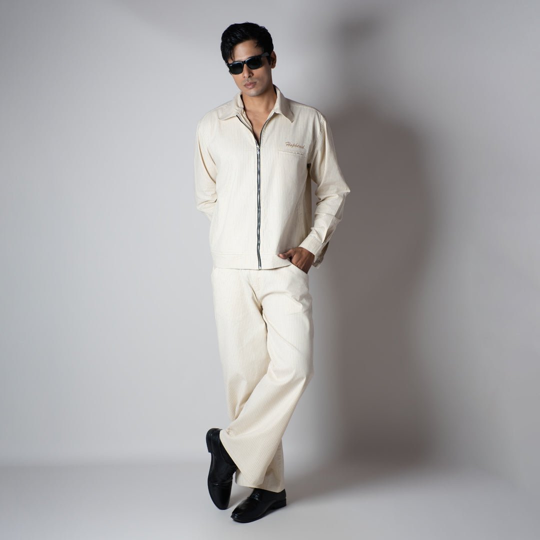 BEIGE VERTICAL STRIPED ZIPPER JACKET