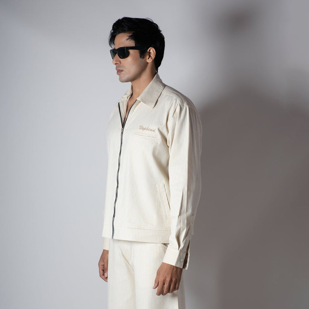 BEIGE VERTICAL STRIPED ZIPPER JACKET