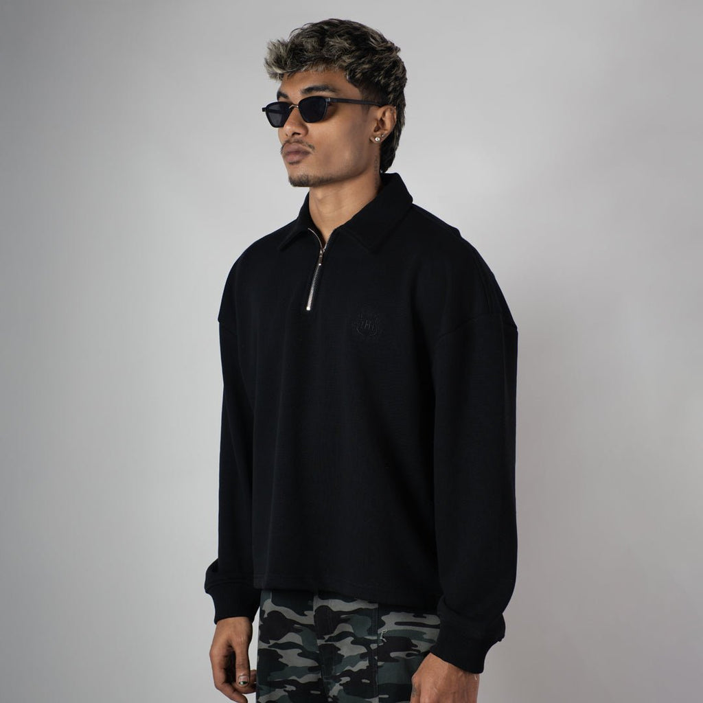 BLACK HALF-ZIPUP PULLOVER POLO
