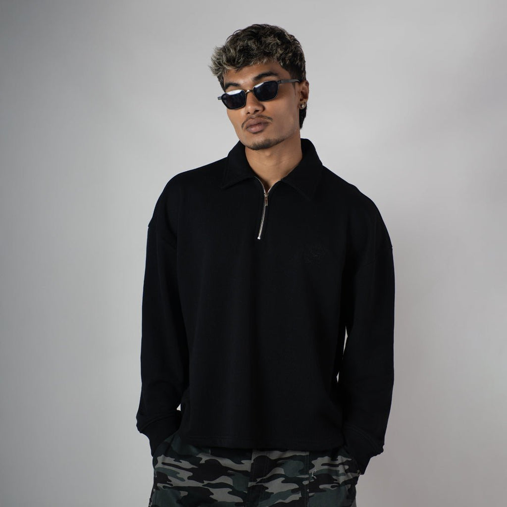 BLACK HALF-ZIPUP PULLOVER POLO