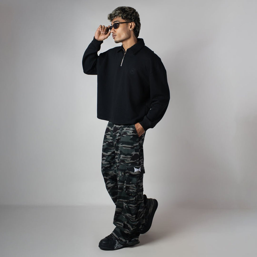 BLACK HALF-ZIPUP PULLOVER POLO