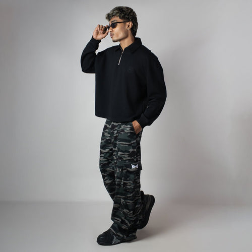 BLACK HALF-ZIPUP PULLOVER POLO