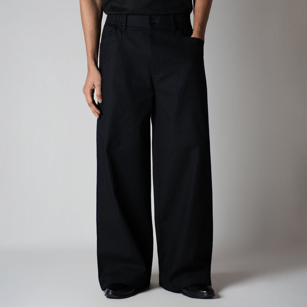 BLACK TEXTURED LINEN TRAVEL PANTS