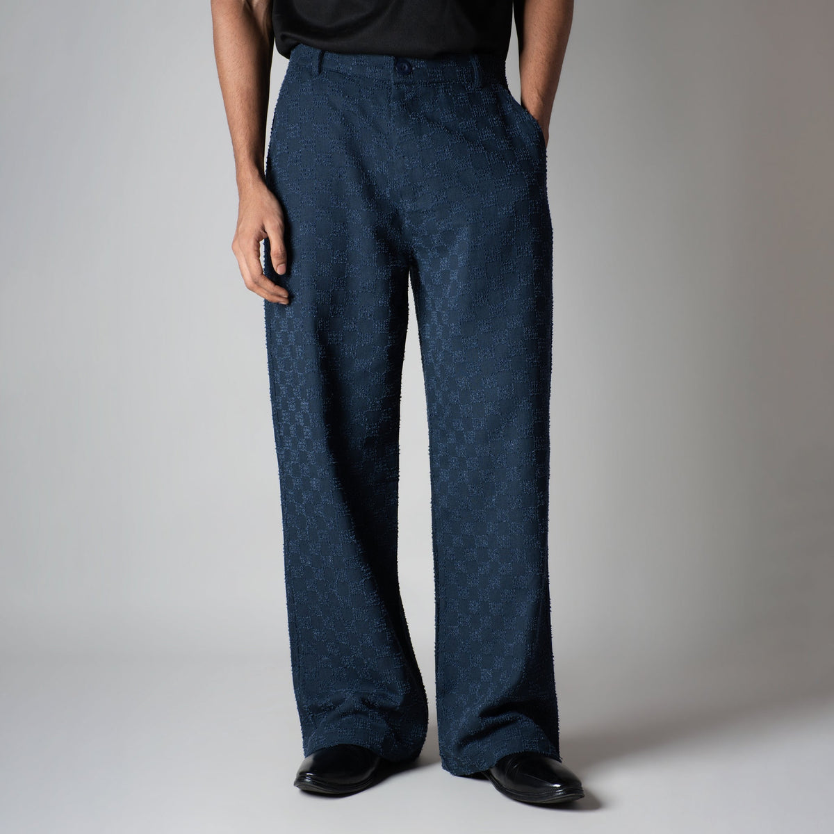 BLUE CHECKERED ROOFING BOOT CUT DENIM