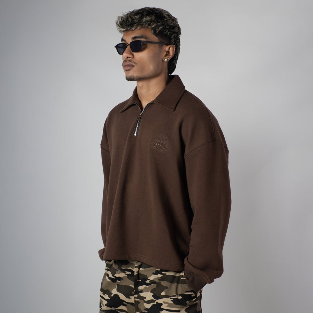 BROWN HALF-ZIPUP PULLOVER POLO