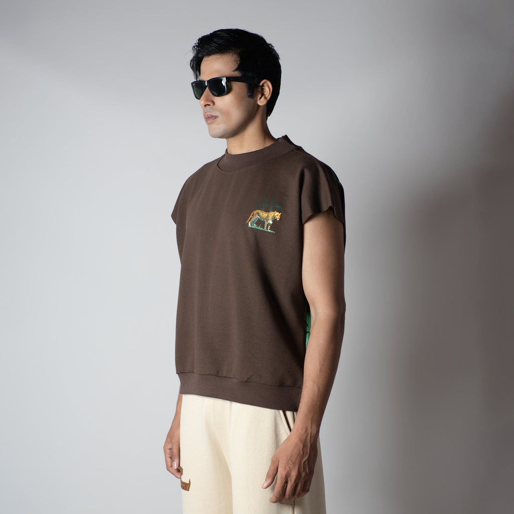 BROWN RAW CUT CHEETA PRINTED SLEEVELESS