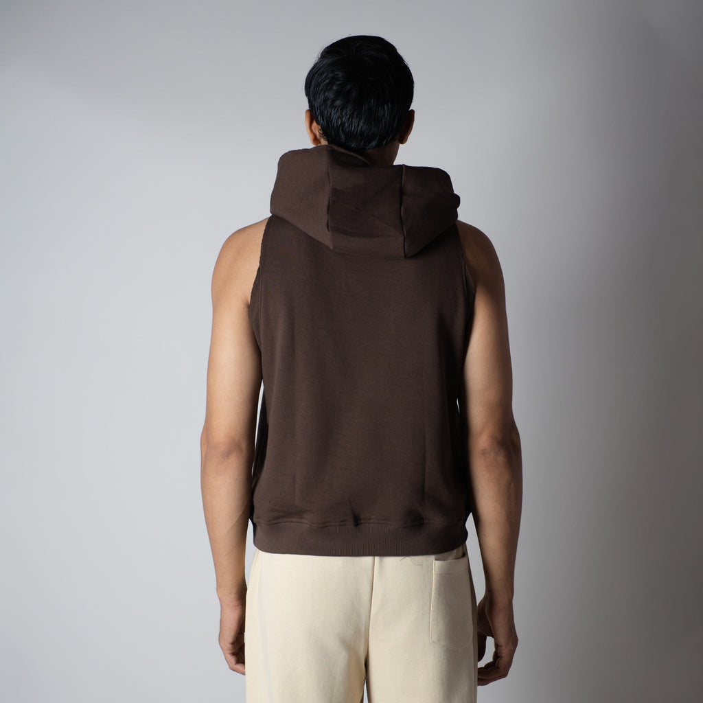 BROWN RAW EDGE SLEEVELESS HOODIE