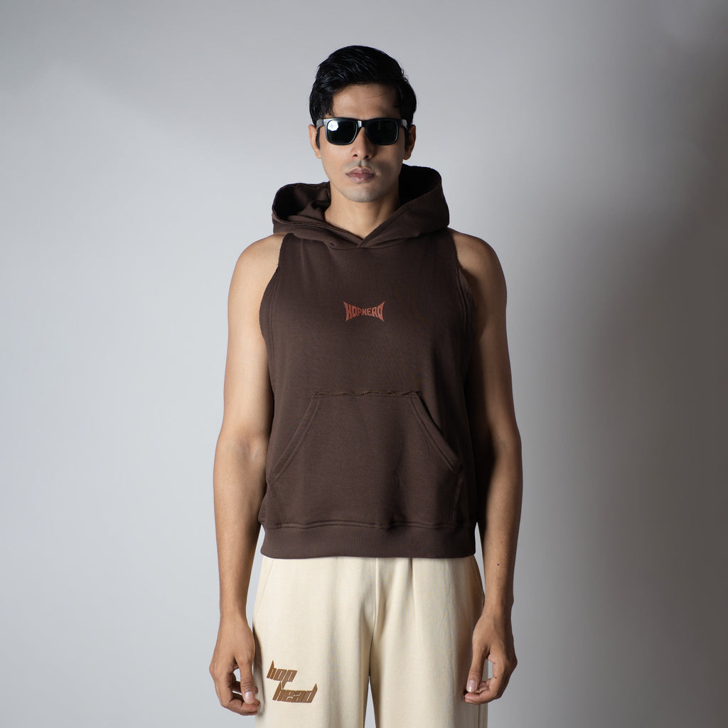 BROWN RAW EDGE SLEEVELESS HOODIE