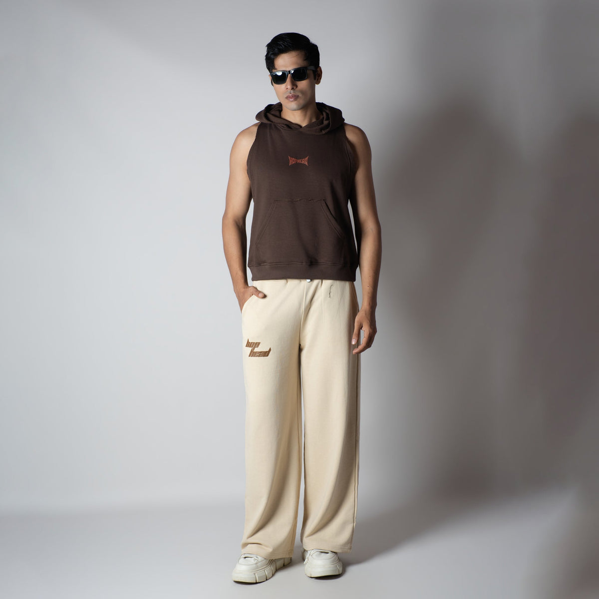 BROWN RAW EDGE SLEEVELESS HOODIE