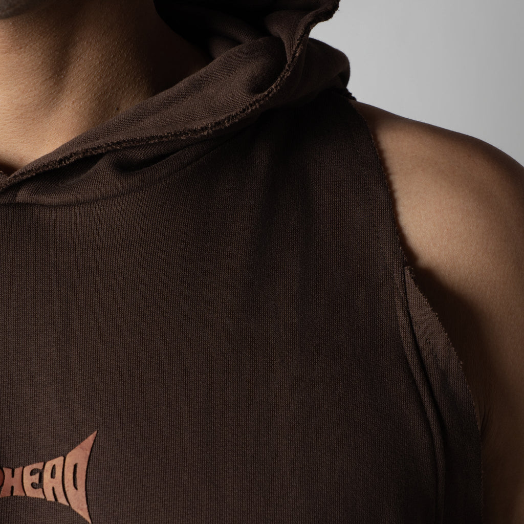 BROWN RAW EDGE SLEEVELESS HOODIE