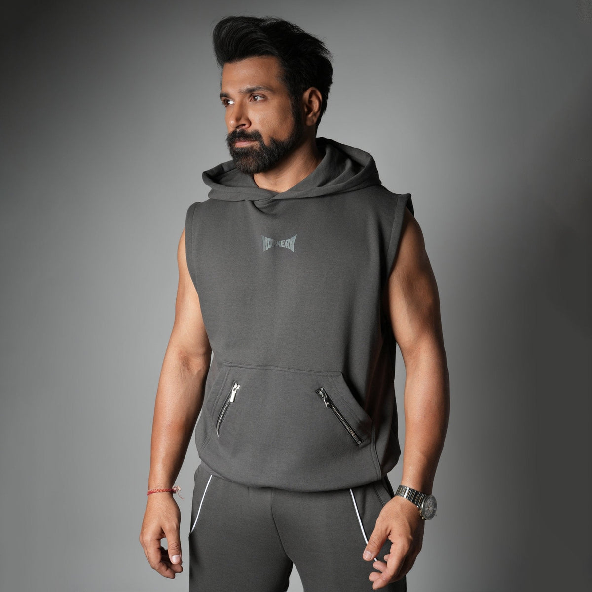 CHARCOAL AXIS SLEEVELESS HOODIE