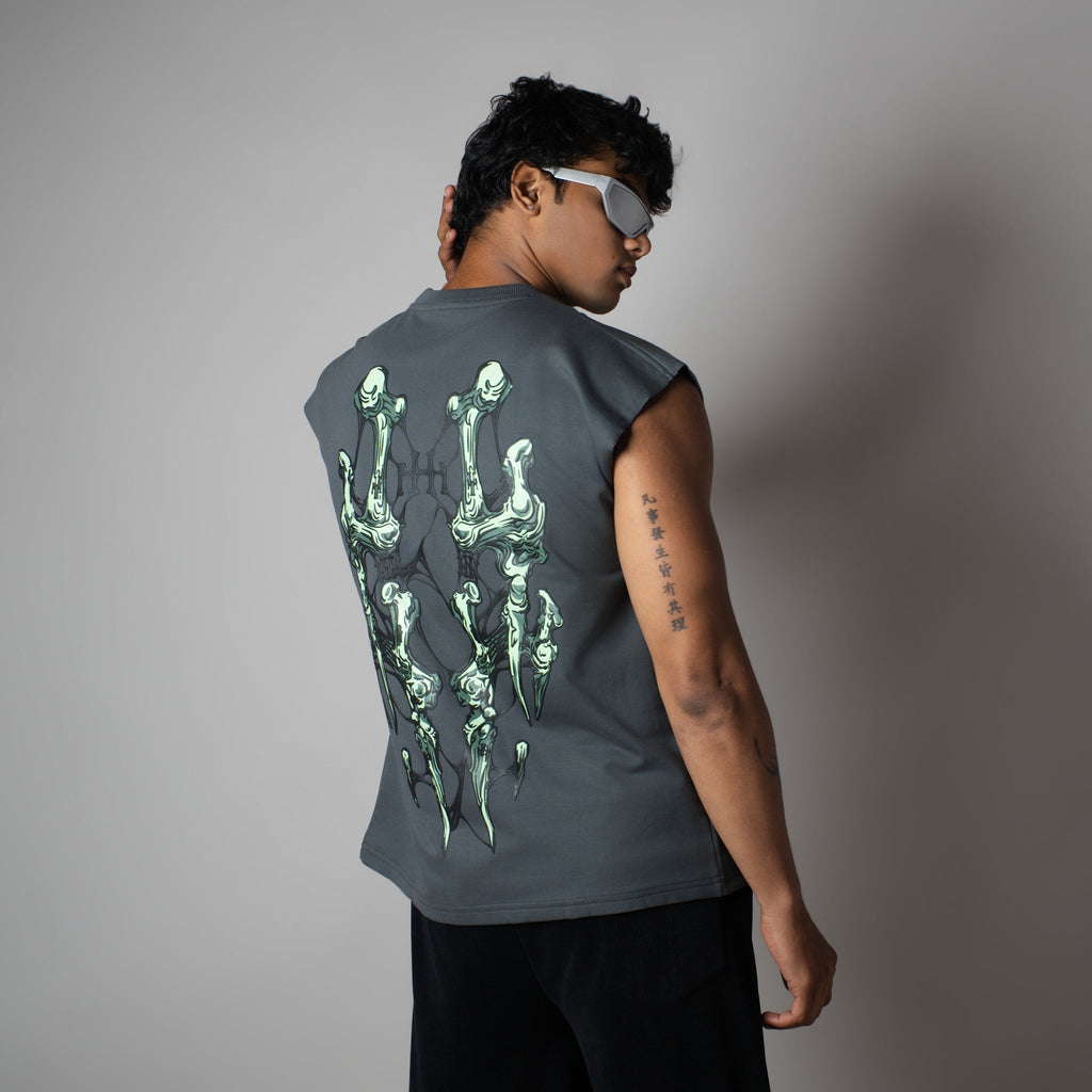 CHARCOAL BONE GRAPHIC SLEEVELESS T-SHIRT