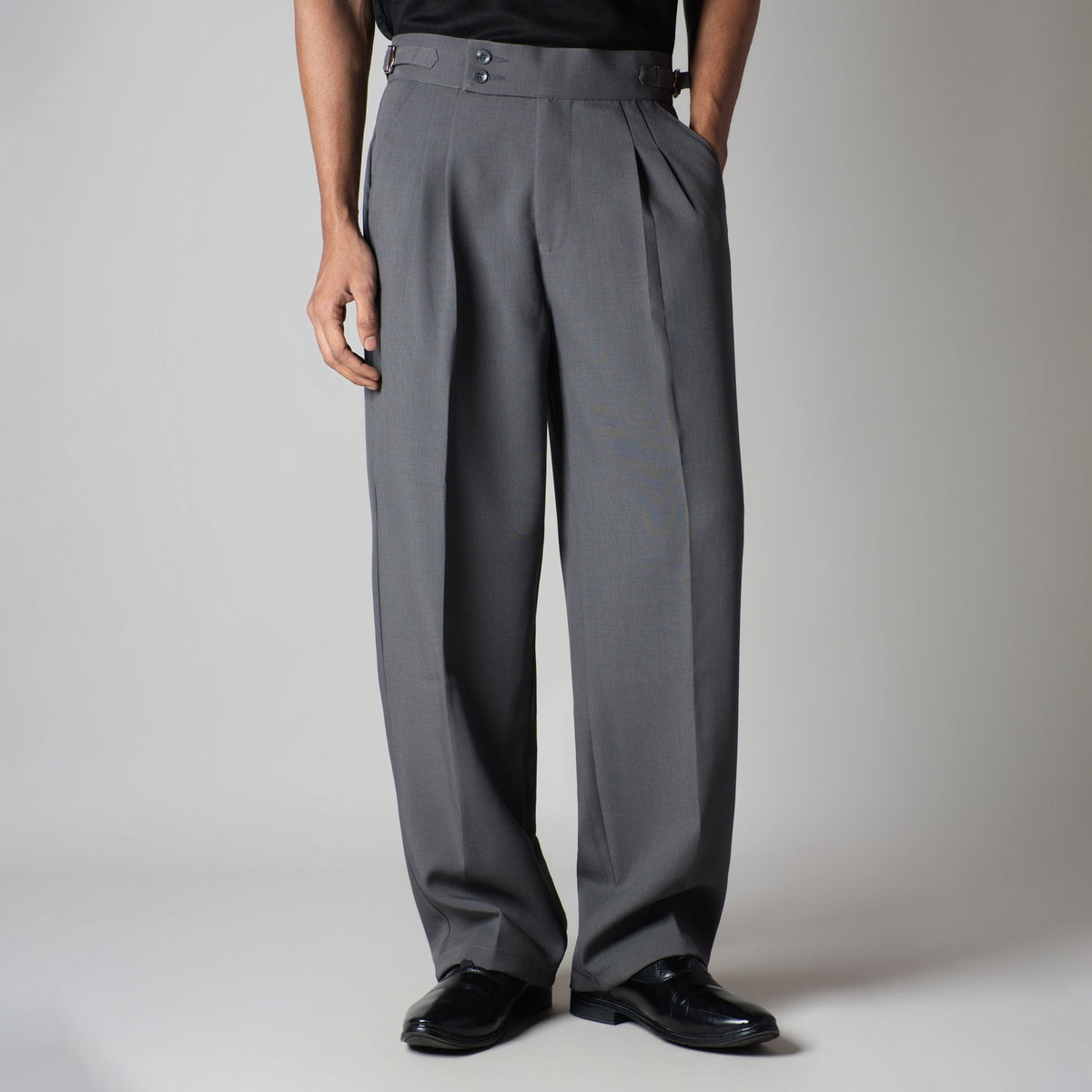 CHARCOAL DOUBLE PLEAT STRAIGHT FIT TROUSER