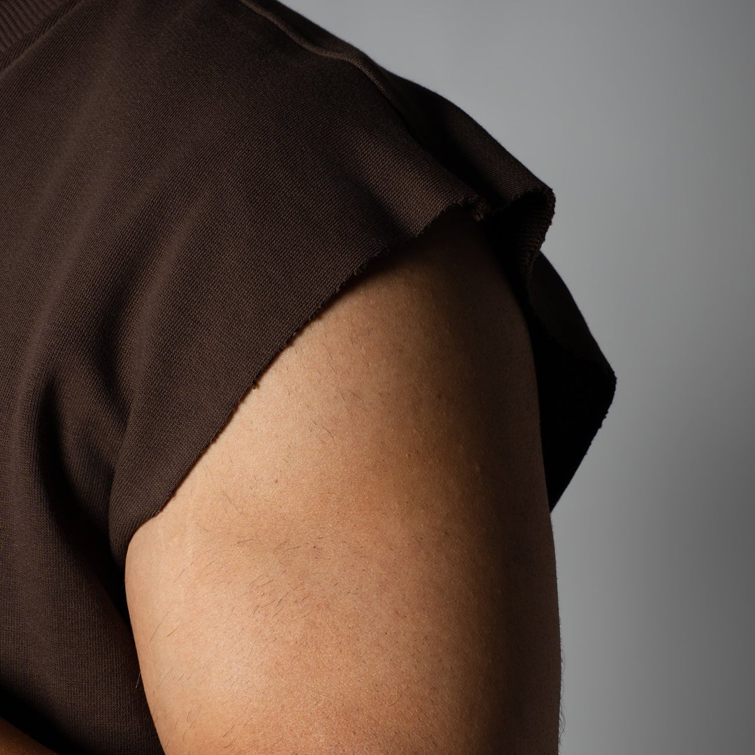 CHOCLATE BROWN SLEEVELESS RAW EDGE TSHIRT