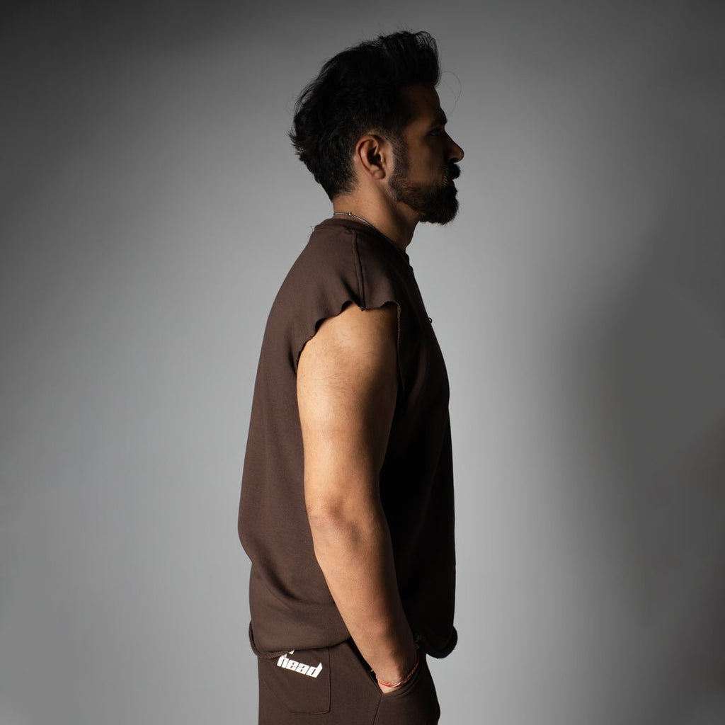 CHOCLATE BROWN SLEEVELESS RAW EDGE TSHIRT