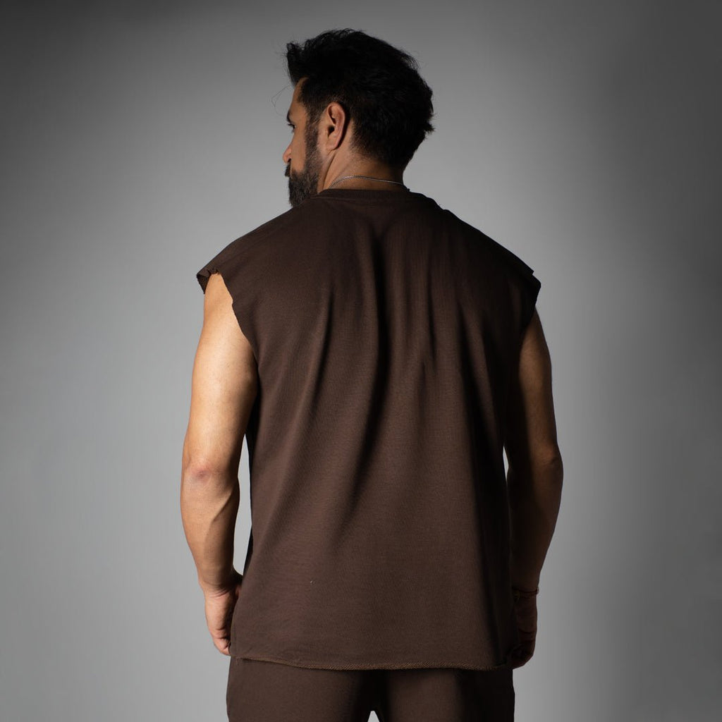 CHOCLATE BROWN SLEEVELESS RAW EDGE TSHIRT